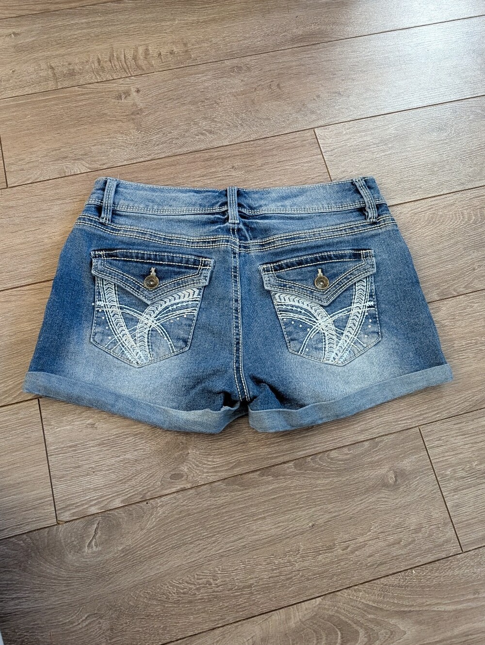 Rhinestones Blue Denim Cuffed Shorts With Embroidered Pockets - Y2K Grunge